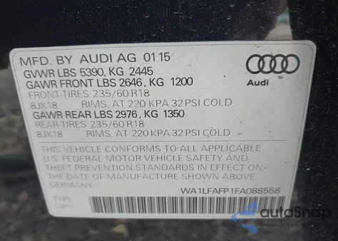 2015 Audi Q5 2.0T Premium from USA, damaged, VIN WA1LFAFP1FA088558